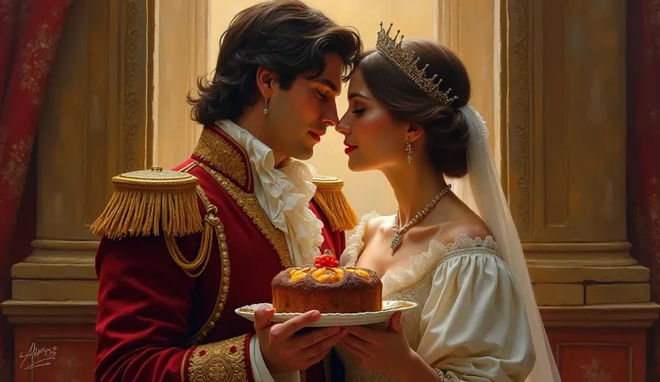 Royal couple in love holding a panettone