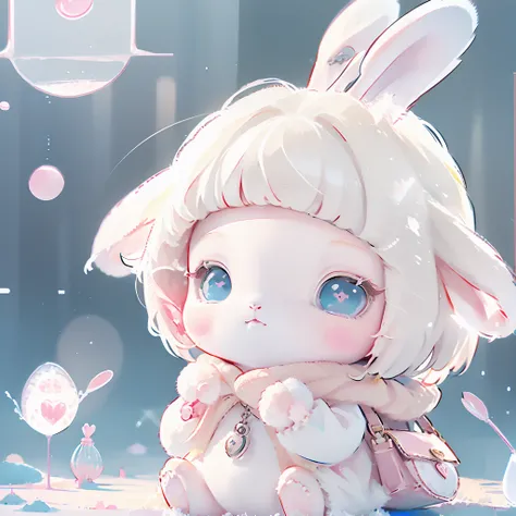 1 girl、white boa coat、Holding a doll(rabbit)