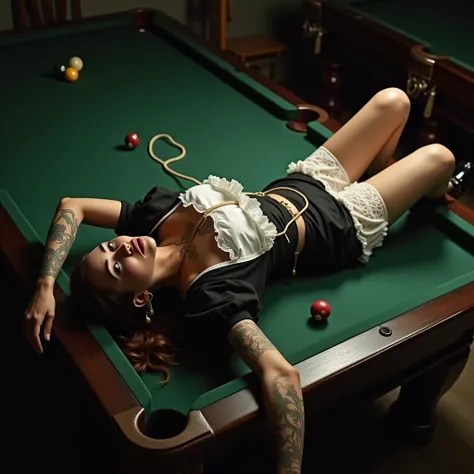 Gorgeous asian woman, huge breasts, ponytail, tattoos of chest, neck & arms, hoop earrings, sexy french maid outfit, black high heels, white lace thigh high stockings, woman is lying limp on her back on top of pool table. Legs & arms are dangling off of po...