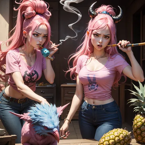 Very angry demon queen ,  pink shirt,  pink hair,  and a blue 2-headed bird pet eating pineapple while smoking 