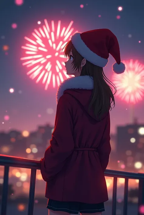  woman wearing Santa hat watches fireworks,  anime style 4 k, 8 k artgerm bokeh, deviantart artstation cgscosiety,  guweiz artwork , CGSTATION ,  anime style. 8 k, Anime Art Wallpaper 4K,  Anime art wallpapers 4K , devianart и cgsociety