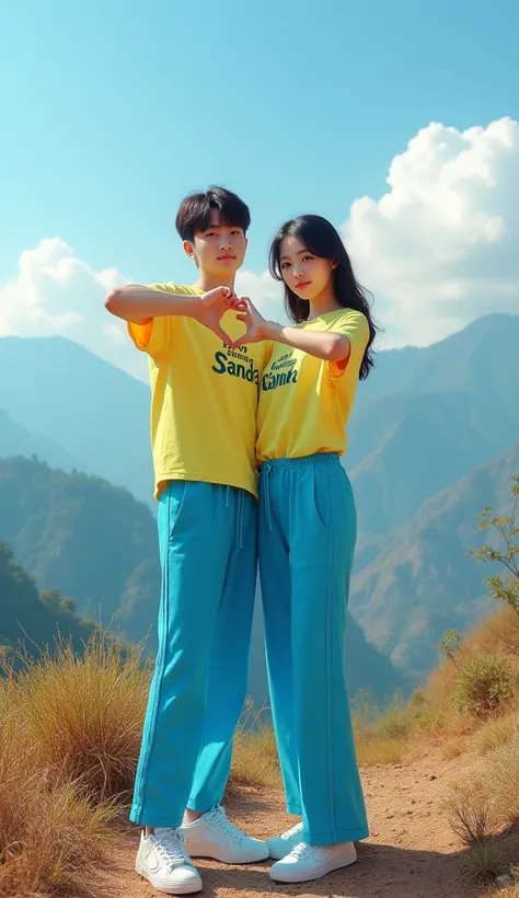 "A highly realistic couple romantic Korean image of a 1 teenage girl wearing a . She is dressed in a neon color full long-sleeved t-shirt with the word  Kang Rian  SANDRA written in a bold, stylish font. She pairs this with neon blue fabric pants and sneak...