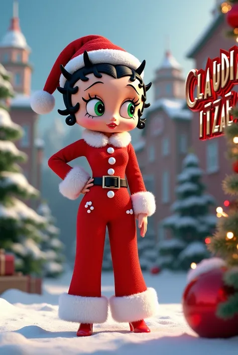 A 3D render of Betty Boop with green eyes and black hair. She is wearing a Santa Claus jumpsuit with a red Santa hat and a fur around the left shoulder. On the right side, there are Christmas decorations around the text "Claudia Itzae". The background is a...