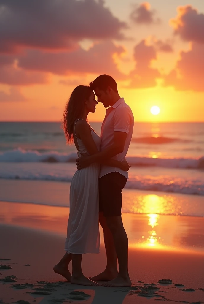 A couple hugging on the beach watching the sunset