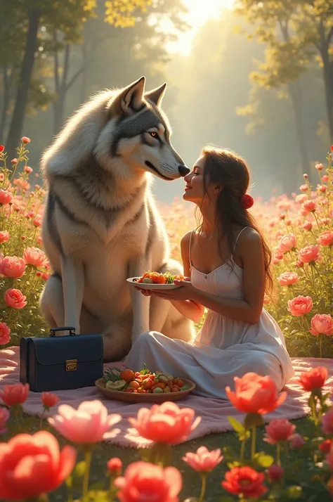 Create an image of a couple having lunch surrounded by thousands of flowers and next to the couple there is a Siberian she-wolf 