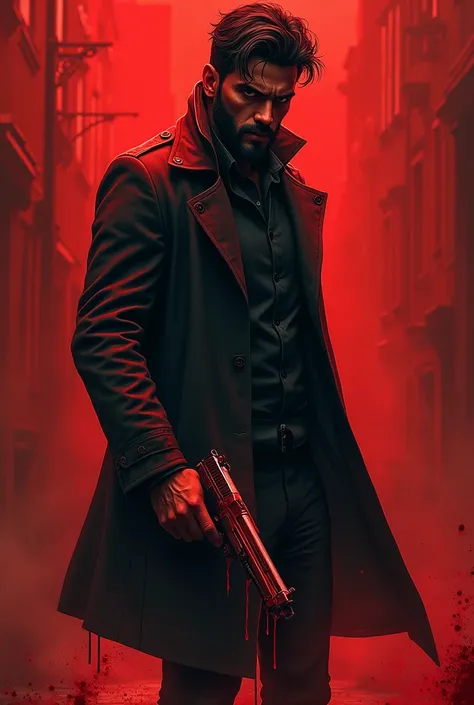 A menacing gangster, this man in hand big gun, his body smeared with blood. Streams of crimson drip from his weapon, splattering the ground around him, while the air grows thick with the scent of violence. The scene is chaotic, painted in red as blood pour...