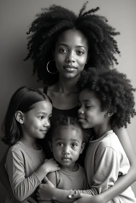 Create a photo of a single mother with 4 ren 2 men 2 women with black and white hair