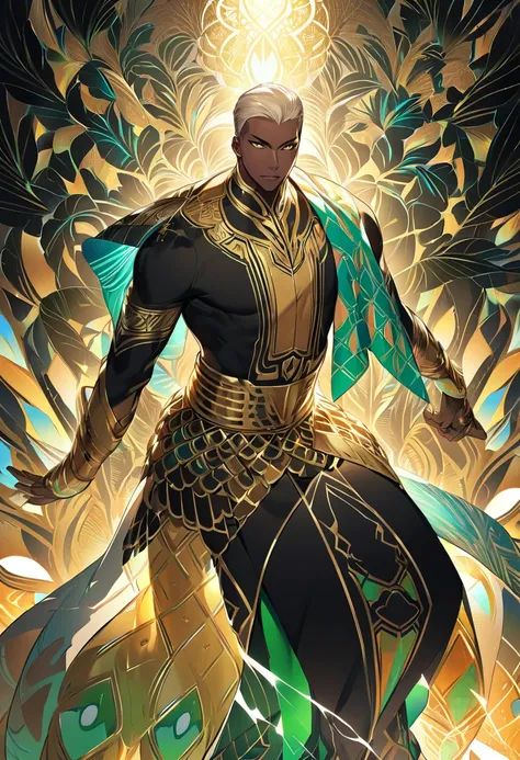 Gabriel Xavier is a 1.77m tall Brazilian man with dark skin and short platinum blonde hair styled in a modern fade. His face is marked by a calm and confident expression, with light brown eyes that shine brightly when he uses his powers. Outfits: Gabriel w...