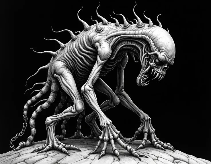 A hauntingly beautiful black and white drawing of a nightmarish cosmic creature, inspired by the death metal art style. This ciempiés-like beast is grotesque, sporting numerous legs made of twisted flesh, spine-like protrusions, and bone-like structures. A...