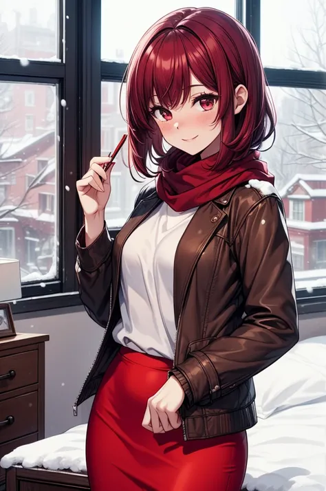 ((masterpiece, best quality:1.3, high detail)), beautiful woman, smile, looking at viewer, medium hair, (maroon hair), solo focus, one person only, full-face blush, (open brown jacket, white blouse, red scarf, (long red pencil ((skirt))), boots, indoors, b...