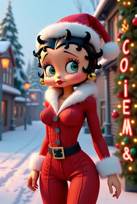 A 3D render of Betty Boop with green eyes and black hair. She is wearing a Santa Claus jumpsuit with a red Santa hat and a fur around the left shoulder. On the right side, there are Christmas decorations around the text nombre "Claudia Itzae". The backgrou...