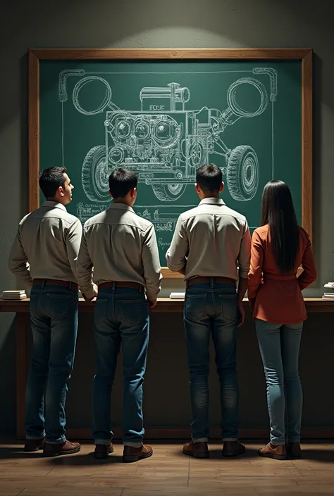 Create 2 Mexican men and two women on a blackboard behind their backs with a motor drawn on the blackboard without hats the most realistic thing all behind their backs 