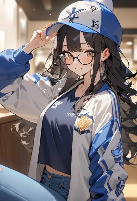 masterpiece, best quality, very aesthetic, absurdres, 1girl, solo, black hair, yellow tips at end of hair, long hair, bangs over forehead, fluffy hair, brown eyes, sirmont16A, glasses, wearing a jersey jacket with designs on sleeves, baggy blue jeans, a ca...