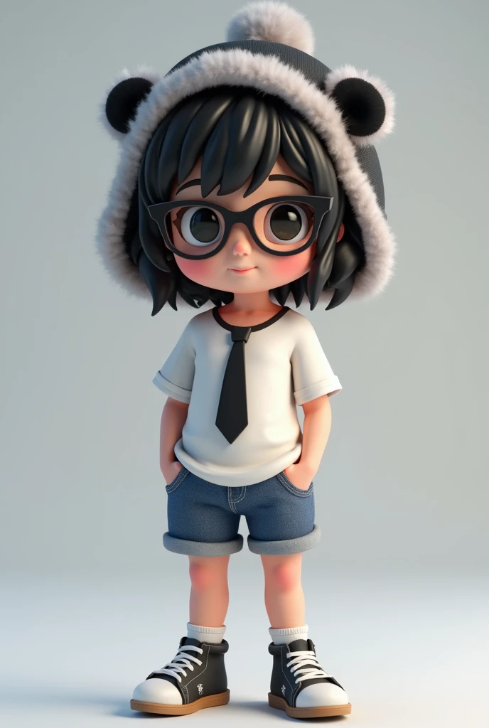 create a anime 3d character character features short wavy black hair, clothes wear a jort with a t-shirt with a black tie, accessories an ushanka black and white glasses 