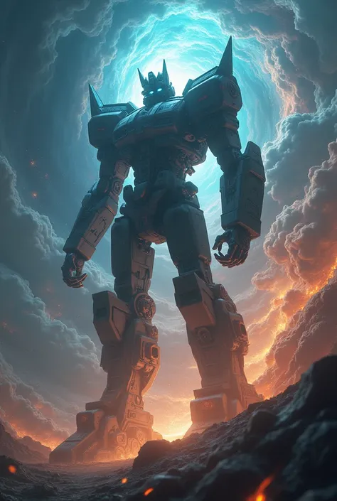 Create for me an unknown Transformer god whose only realistic dark Transformer silhouette can be seen in realistic 3D, creating the universe , galaxies, worlds,planets