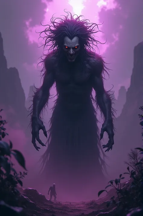 It creates an evil entity that looks quite aggressive with messy hair and an environment with malignant purple vibes and that the entity dissolves with the environment 