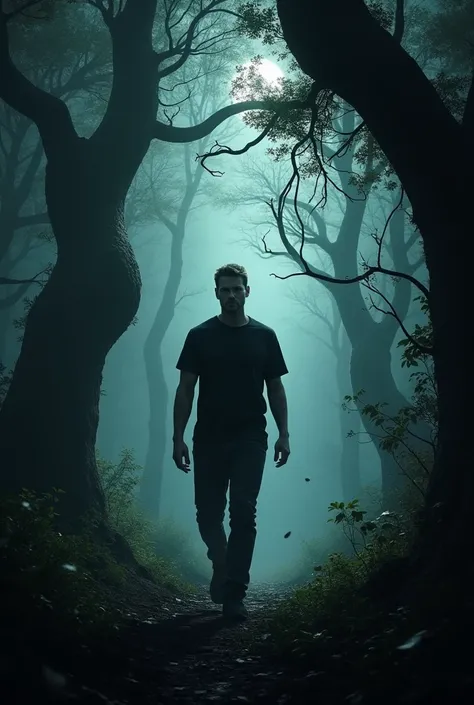 A man walking on the run away in dark forest wearing black nicker t shirt
