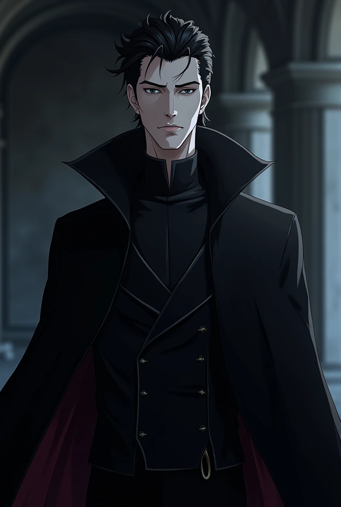  Create an anime version of the Maleficent male version , with mature features ,  he must be completely without a beard and dressed in black and elegant garments like overcoats 