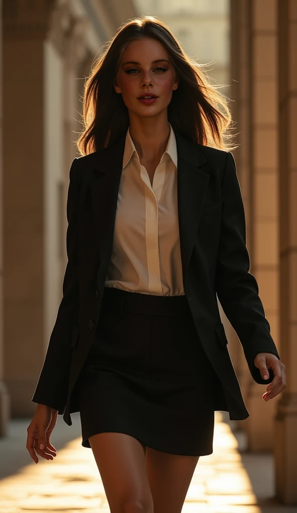 a woman walking, woman with straight black hair, wearing a white dress shirt and black blazer, skirt, walking with fingers pointing downwards, intricate details, cinematic lighting, highly detailed, photorealistic, warm color tones, dramatic shadows, maste...