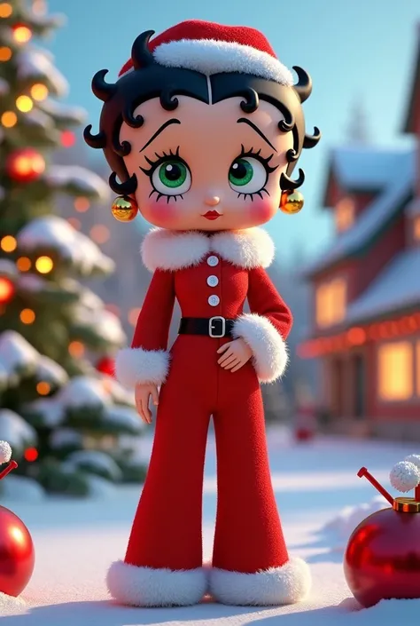 A 3D render of Betty Boop with green eyes and black hair. She is wearing a Santa Claus jumpsuit with a red Santa hat and a fur around the left shoulder. On the right side, there are Christmas decorations around the text "Claudia Itzae". The background is a...