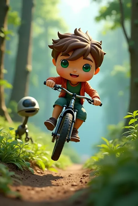  a boy in the form of a funko pop ,  riding a mountain bike ,  green eyes, brown hair, jumping,  hair churco in the background of a forest, a robot leg 