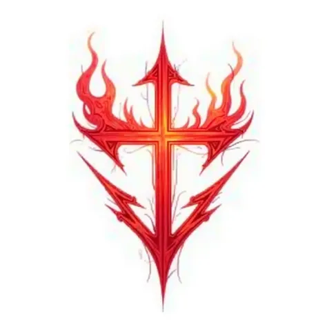 Logo. minimalistic drawing. A crimson cross of flames surrounded by Crimson arrows on all sides. White background.