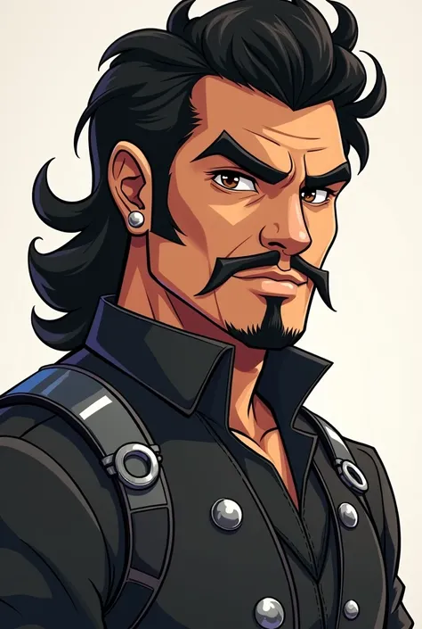 4. Miguel Cordero  (man) Generate a cartoon 
Avatar Description:  Shoulder-length frizzy hair ,  clothing with metallic details , serious gesture,  with bravery chin strap goatee in black with pronounced black eyebrows.