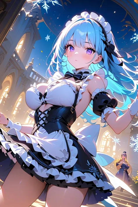  One Beautiful Girl ,,Minato Akua-like 、 Light Blue Hair Color, Purple and White Dress , purple eyes、Thighs、valley、 Lolita style maid , miniskirt, standing with different breasts 、 center from tip to tip２Blue hair in the book 、 snowflakes dance　,Art Deco,c...