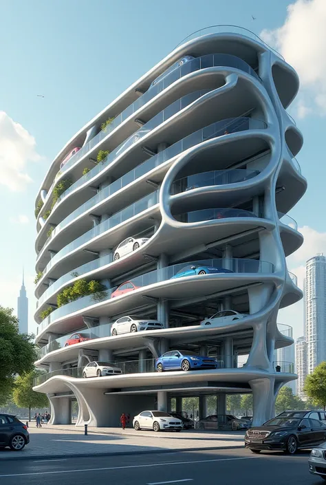 7stage building about parking oval shape there is no balcony and robot lifts cars for parking cars are gathered side by side
