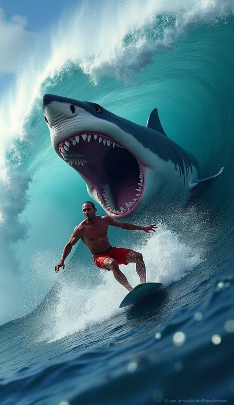 A man is surfing a huge wave and a shark jumps to attack him.