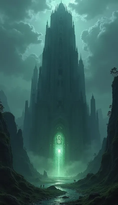 A dark, mysterious tower, highly detailed fantasy landscape, epic fantasy art, cinematic lighting, gloomy atmosphere, dramatic clouds, dark magic, mysterious portal, glowing runes, crumbling ruins, overgrown vines, moody color palette, dramatic chiaroscuro...