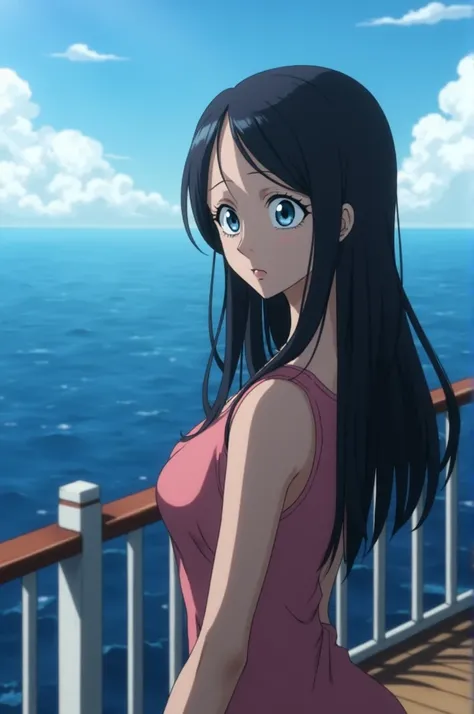  Screenshot of one piece .
 Girl with straight black and long hair ,divided by the middle ,  has very light and bright blue eyes , She has an expression that would be ,  and is standing on the deck of a ship in the middle of the ocean.