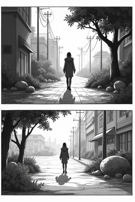  create a manga in black and white style and has 2 panels,  the image has upper and lower left margins right , then the image shows the scene 