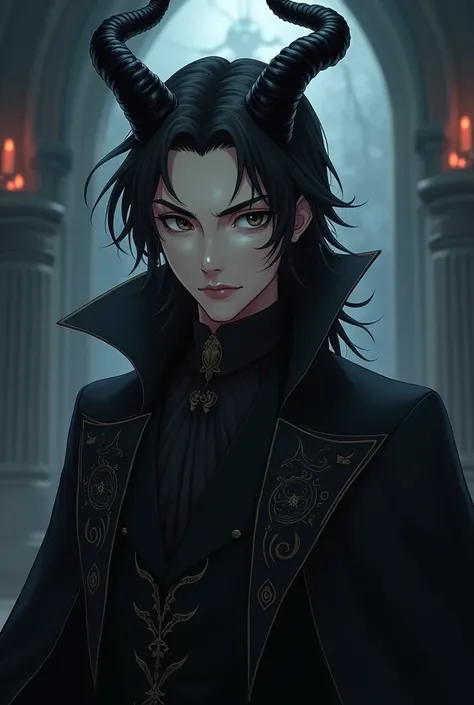  Create an anime version of the Maleficent male version , with mature features ,  he must be completely without a beard and dressed in black and elegant garments like overcoats, He also has black hair and twisted black horns sticking out of his head and wi...