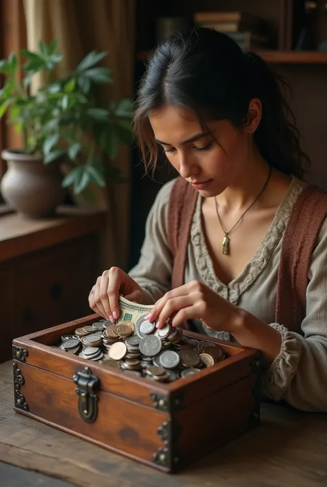 A young woman keeping money under the cofre