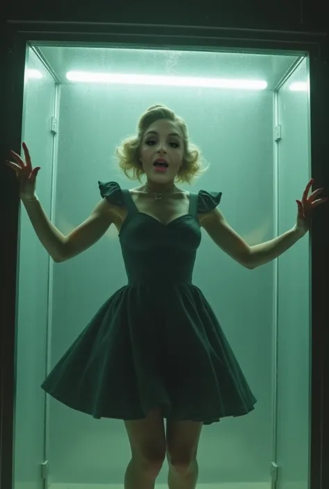 A voluptuous young woman in 50s style clothing and hair screaming inside glass box