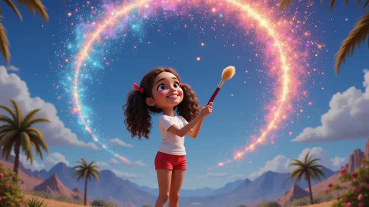 inspired by Disney Pixar movies and characters, in highAlice appears at the center of the scene, smiling and gazing at the stars while holding a magical brush that emits colorful sparks in the air. She begins drawing with eyes full of wonder.
Style: Inspir...