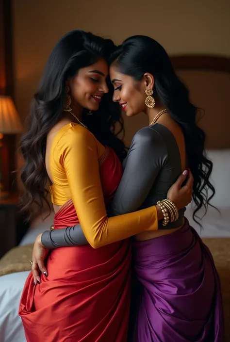 A 27 year old indian busty women wears Red banaras saree with long sleeve yellow glossy blouse and other 27 year old indian busty women wears Violet banaras saree with long sleeve charcoal blouse and Both wears wedding Flower Garlands on theri necks and Bo...