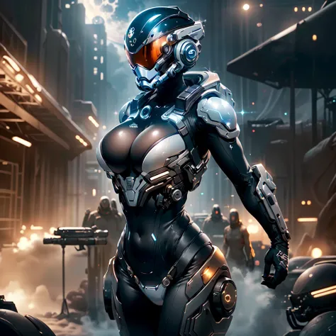 (masterpiece, best quality, ultra detailed, absurdres)1.5, 1girl, (sexy, beautiful woman, perfect face, perfect eyes, perfect female body, huge breasts)1.5, (science fiction, spacesknigts, armor, bodysuit, helmet, holding laser rifle,  ), (standing, outdoo...