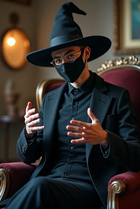 Ek young man mask laga kar betha hai aour chair par aour uska background blur hai aour knowledge wali baat bata raha hai haatho se ishara kar ke aour front side face hai Old triangle witch cap pahan rakhi hai black mask bhi pahan rakha hai aour chashma bhi...