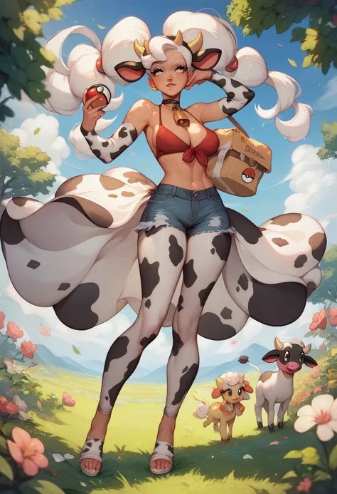 Pokemon style,  anthropomorphic ,  Pokemon cow, Beautiful Pokemon cow, white hair,Vikini cow , skin with black spots ,pokemon anime, ( anime style),(pokemon),  Long eyelashes,  white eyelashes ,  full body 