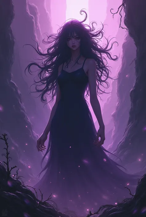 Create an anime-style evil entity that looks quite aggressive with messy hair  (Dont let her face show much )and an environment with evil vibes of purple color and that the entity dissolves with the anime-style environment 