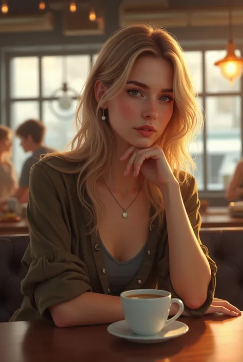  Blonde woman sitting in a coffee shop without coffee on the table and SITTING, I mean Im about to sit 