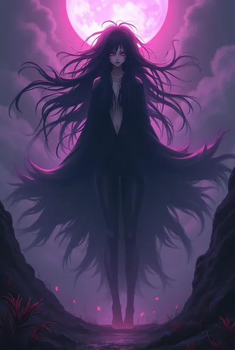 Create an anime-style evil entity that looks quite aggressive with messy hair  (Dont let her face show much )and an environment with evil vibes of purple color and that the entity dissolves with the anime-style environment 