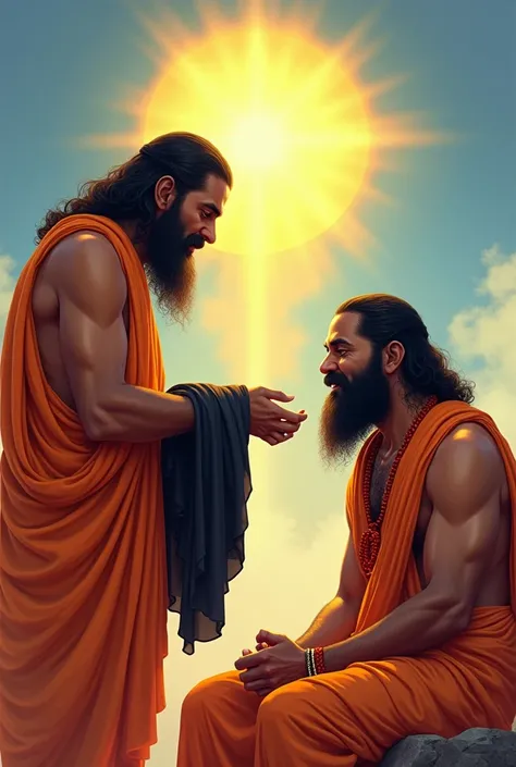 The image is a digital illustration of hindu 2 rishi, both rishi baba wearing a orange color dhoti, with black beard

One rishi standing position and give a black shawl to the 2nd rishi baba with both hand rise

A black shawl on his shoulder

Other rushi b...