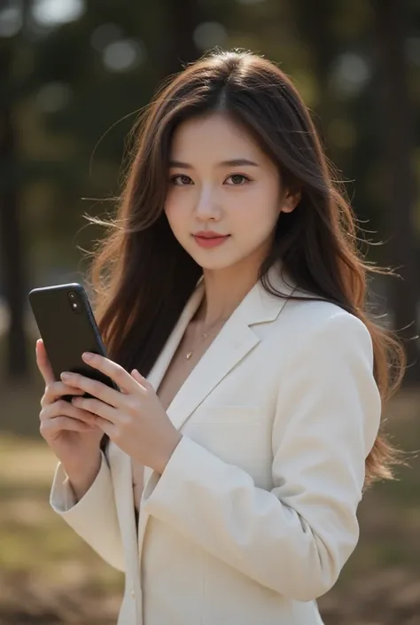  has a slightly cool ，Long-haired sweetie ， of a middle-aged half-blooded woman with a starry air， wearing a white suit jacket ， holding a smartphone ,  A portrait inspired by Huang Chai , instagram, digital art, , Li Zixin, Wooden slab , Jia, Xin Tongchen...