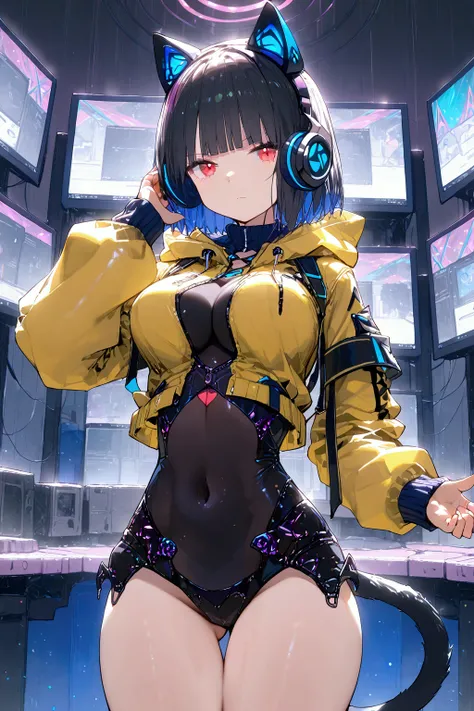 1girl, solo, red_eyes, short_hair, headphones, animal_ears, looking_at_viewer, blue_hair, cropped_jacket, animal_ear_headphones, jacket, covered_navel, bangs, yellow_jacket, cowboy_shot, closed_mouth, fake_animal_ears, multicolored_hair, black_hair, bodysu...