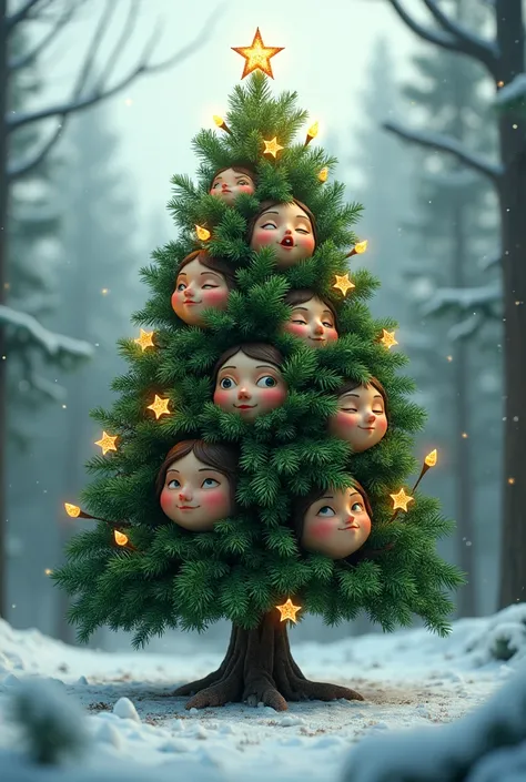 A Christmas tree with several faces