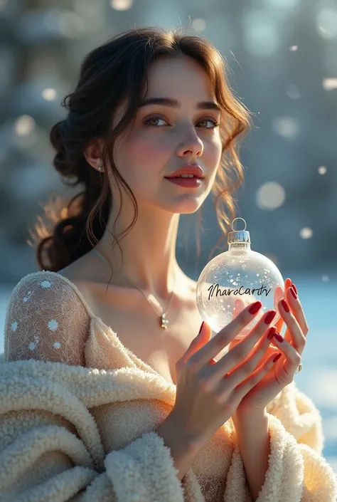 A beautiful woman dressed for Christmas under a frosty sky with a transparent ball in her Christmas hands with the name Margarita Aguilar