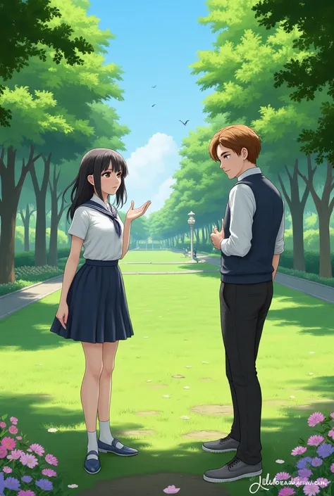  Creates an image of a black-haired girl with bangs and brown eyes , a boy with brown hair and green eyes .  Both must be dressed in high school uniforms and seen each other in the middle of a park